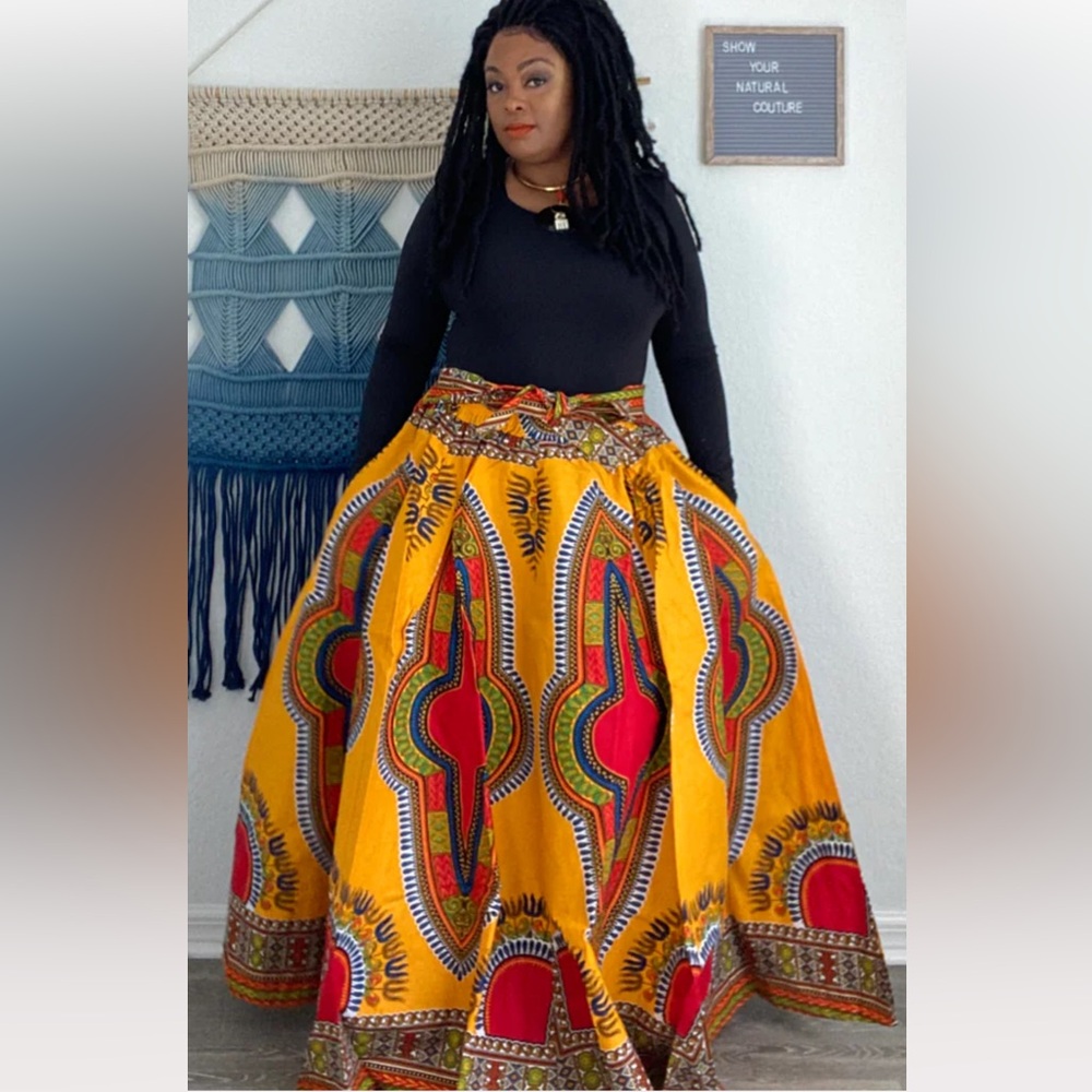 SB FASHION Dashiki African Ethnic Print Cotton Elastic Waist Self Tie Maxi M-O/S